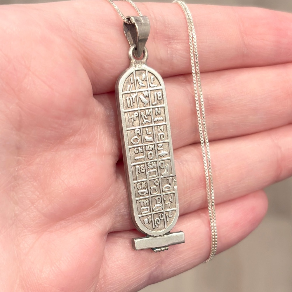 Vintage Sterling 14K Egyptian Cartouche Necklace Double Sided Hieroglyphics - Picture 13 of 16